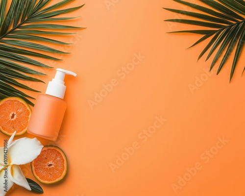 Top view of bronzers with papaya slices and beachthemed props, evoking sunny vacations photo