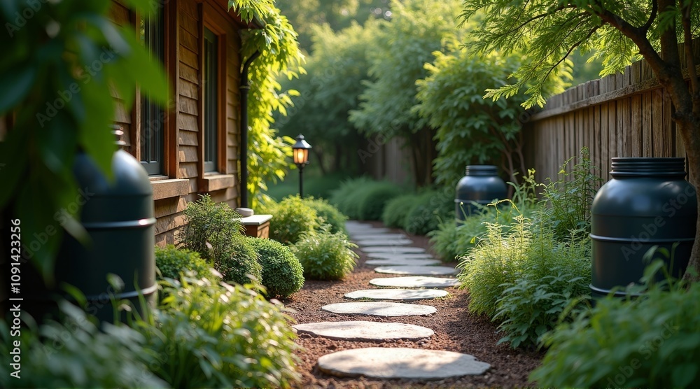 Fototapeta premium Tranquil Stone Pathway Garden with Rain Barrels and Solar Lights