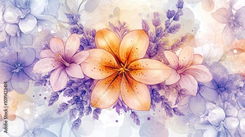 A vibrant floral illustration featuring lilies and lavender in soft pastel colors.