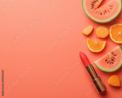 Top view of lipsticks with melon slices and coralcolored backgrounds, summery and bold photo