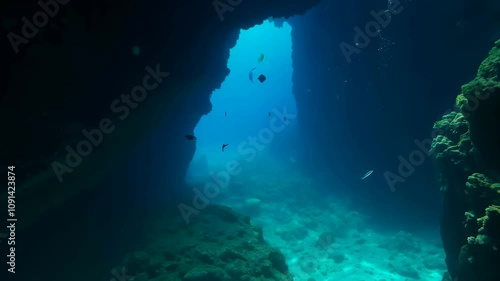 Wallpaper Mural An underwater limestone cave features jagged rock formations, fish, and air bubbles illuminated in dim light.
 Torontodigital.ca