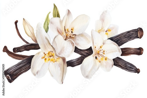Fototapeta Naklejka Na Ścianę i Meble -  Watercolor Vanilla Flowers and Pods - Delicate watercolor painting of vanilla flowers and pods, symbolizing purity, fragrance, sweetness, nature, and luxury.