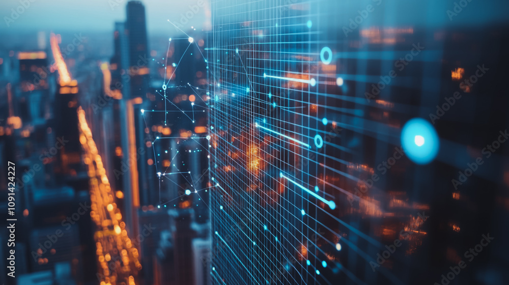 Obraz premium Smart digital Innovation Business skyscrapers in the Financial District with connection network reciprocity over the cityscape. of future smart wireless digital city and social media networking