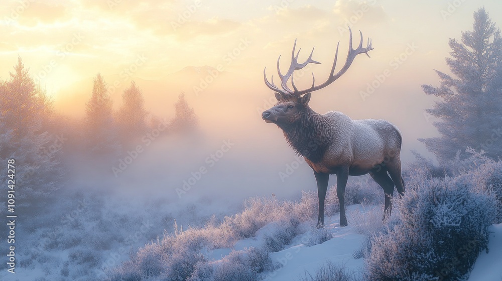 Majestic Elk Standing Alone in Frosty Landscape at Sunrise with Soft Fog, Capturing the Beauty of Nature and Wildlife in Serene Morning Light Majestic Elk Standing Alone in Frosty Landscape at Sunrise with Soft Fog, Capturing the Beauty of Nature and Wildlife in Serene Morning Light