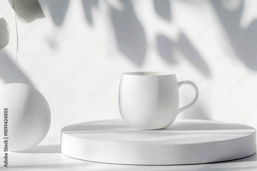White Mug on White Platform with Sphere and Shadows - Minimalist product photography of a white mug, showcasing elegance and simplicity. Concepts: serenity, purity, clean design, modern aesthetic, ca White Mug on White Platform with Sphere and Shadows - Minimalist product photography of a white mug, showcasing elegance and simplicity. Concepts: serenity, purity, clean design, modern aesthetic, ca
