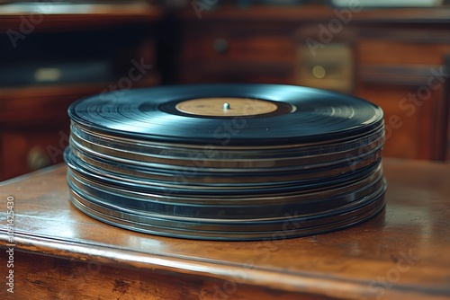 Collection of vintage vinyl records on a wooden table photo