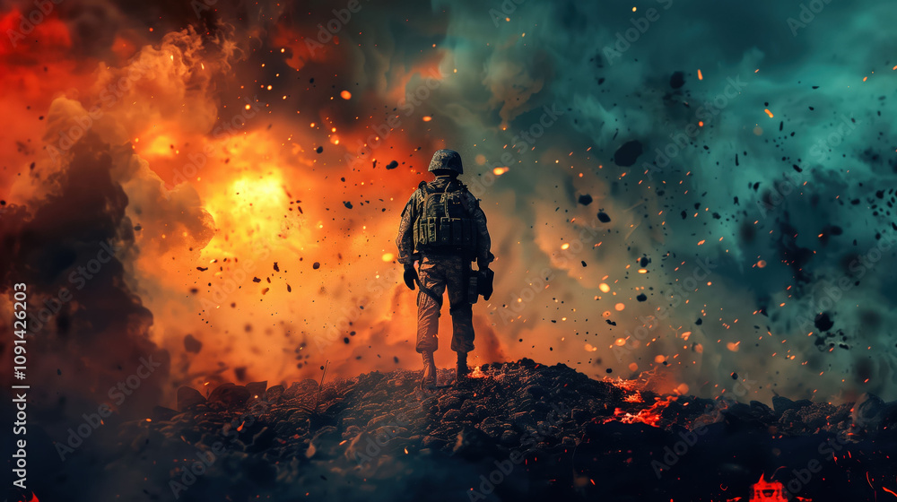 A soldier stands resolutely on the battlefield, surrounded by flying bullets and swirling smoke, embodying courage and intensity amid chaos. A soldier stands resolutely on the battlefield, surrounded by flying bullets and swirling smoke, embodying courage and intensity amid chaos.