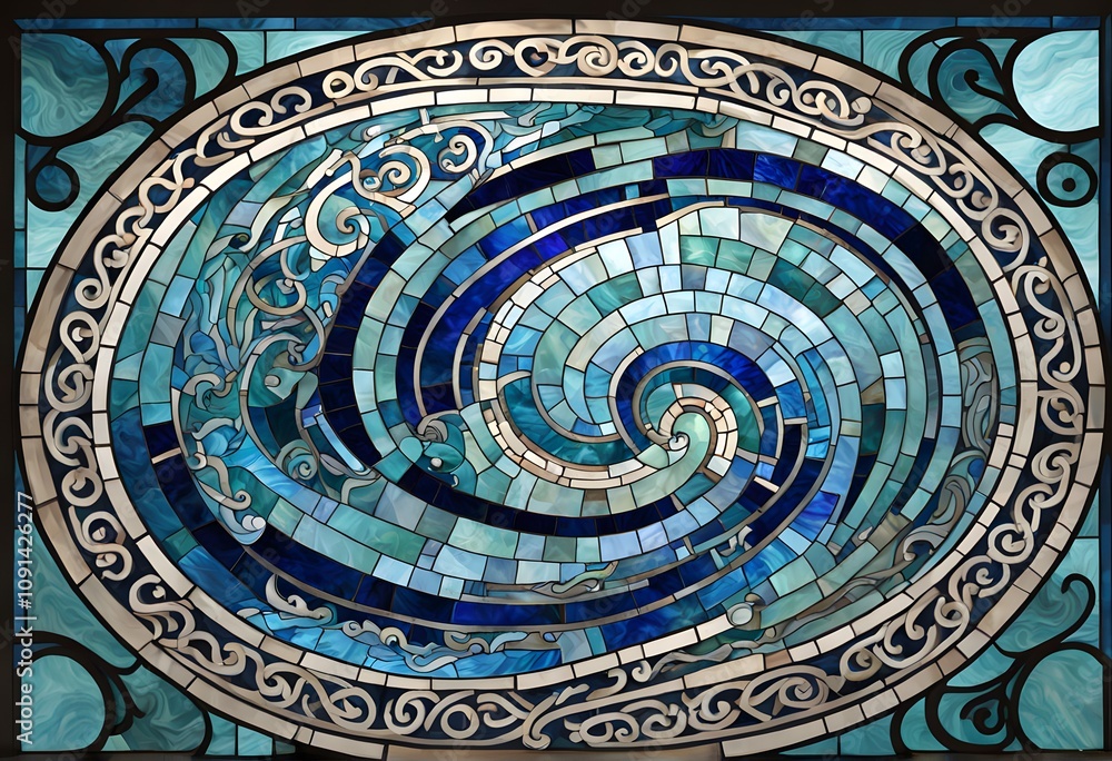 Obraz premium A stained glass mosaic featuring greek meander patterns in oceanic hues, Ai Generated