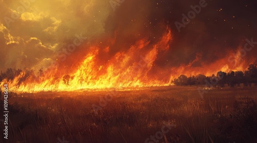 Intense wildfire engulfing grasslands with towering flames and dense smoke, devastating the landscape and obscuring the horizon under a dramatic, smoky sky.