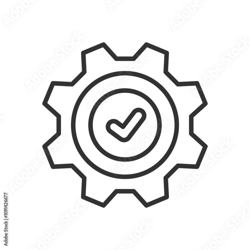 Gear done, icon in line design. Gear, done, completion, progress, success, mechanism, work on white background vector. Gear done editable stroke icon