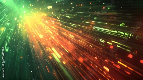 Dynamic digital background featuring vibrant streaks of orange and green light, symbolizing rapid data transfer and information flow.