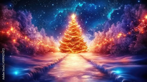 A captivating winter pathway lined with glowing trees, leading to a beautifully adorned Christmas tree sparkling under a starlit night sky, creating a magical holiday scene. photo