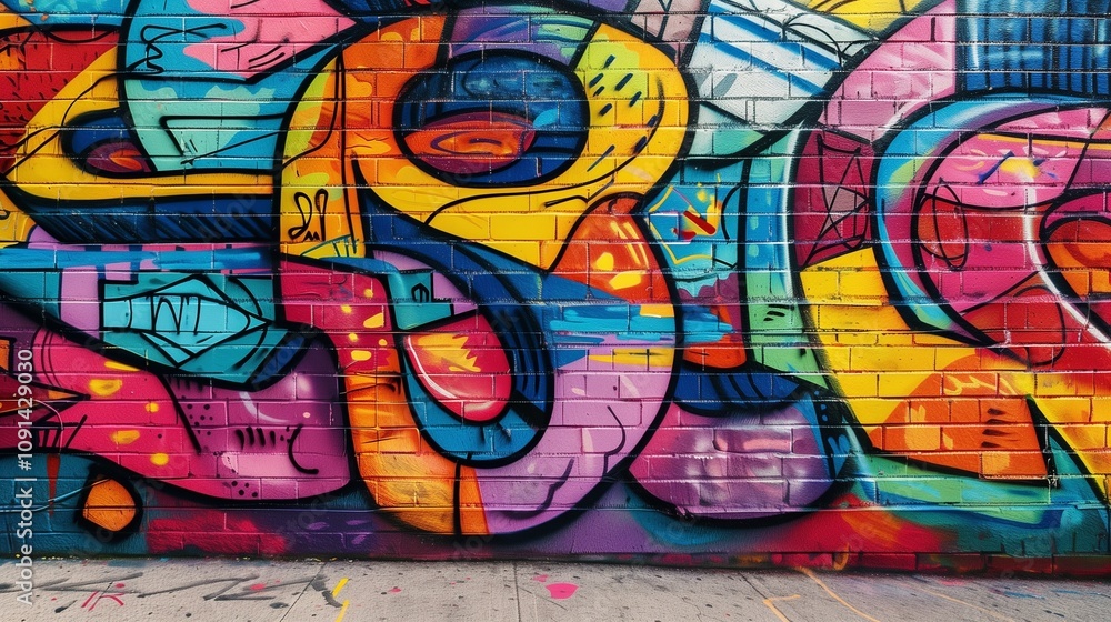 A vibrant street wall covered in colorful graffiti featuring abstract shapes and bold lines A vibrant street wall covered in colorful graffiti featuring abstract shapes and bold lines