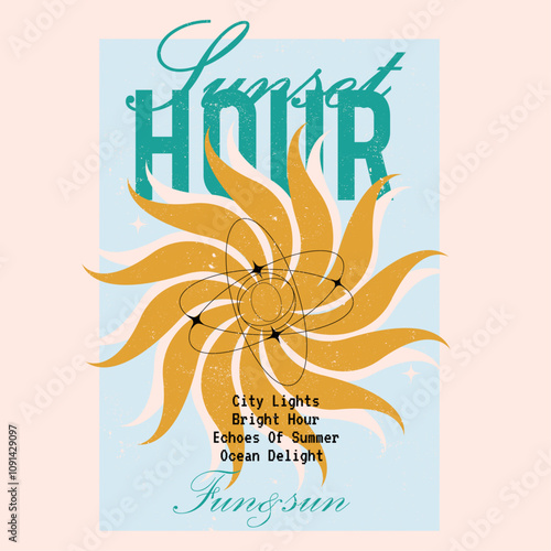 sunset print Design. Sunshine beach artwork. Beach vibes artwork. Summer design for t shirt print, sticker, background and other uses.