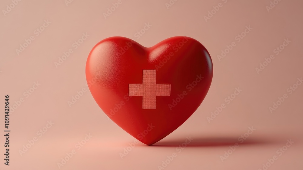 Obraz premium Matte red heart symbol with a white plus sign, representing healthcare, set against a soft pink background for a modern and clean aesthetic.