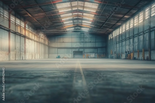 Warehouse interior blurred. Empty warehouse without anyone. Old warehouse interior without shelving. Spacious hangar with metal roof. Storage room with forklift. with generative ai