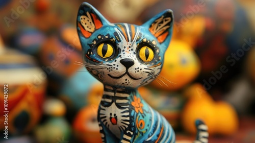 Wallpaper Mural Colorful Mexican cat figurine decorated for Day of the Dead, featuring vibrant patterns, bold colors, and expressive yellow eyes, set against a blurred festive background. Torontodigital.ca