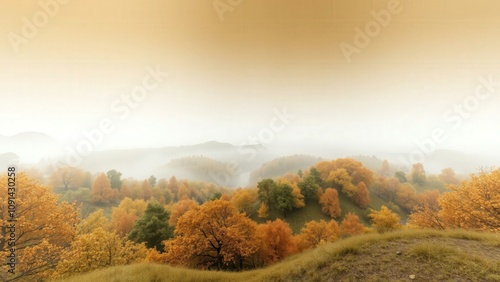 Autumn Misty Forest Landscape: Capture the Essence of Fall with Golden Trees and Foggy Hills photo