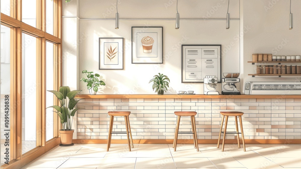 Fototapeta premium Bright, modern coffee shop interior with large windows, bar counter, stools, and plants.