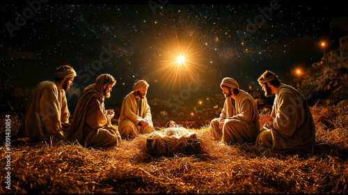 An illustration depicting shepherds kneeling reverently before the newborn Jesus in the manger, with the radiant Star of Bethlehem illuminating the scene, creating a serene and sacred atmosphere.