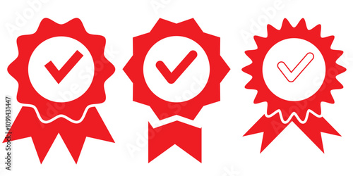 Approved or certified medal icon. Approval check symbol. Winning award, prize, medal or badge. Verified medal icon. Icon in flat style and line. Certified badge symbol, quality sign.