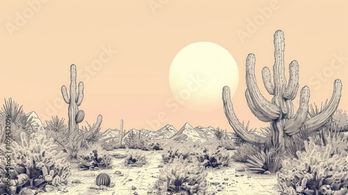 Desert landscape at sunrise with cacti and mountains. photo