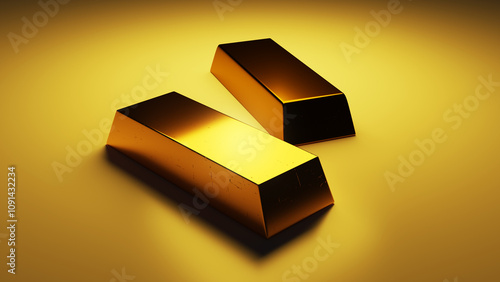 Two Gold Bars on a matte surface into an empty room illuminated by yellow spotlights. Big win, Rich lifestyle, Bank vault, Luxury Concept. 3D Render Illustration