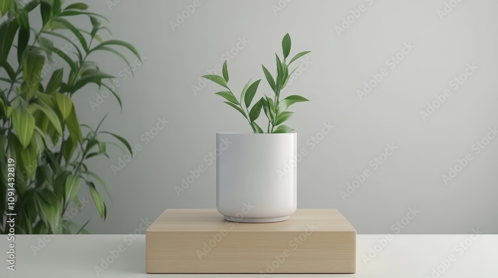 Small green plant in white pot on rustic wooden block, a touch of nature in minimalist home decor Small green plant in white pot on rustic wooden block, a touch of nature in minimalist home decor