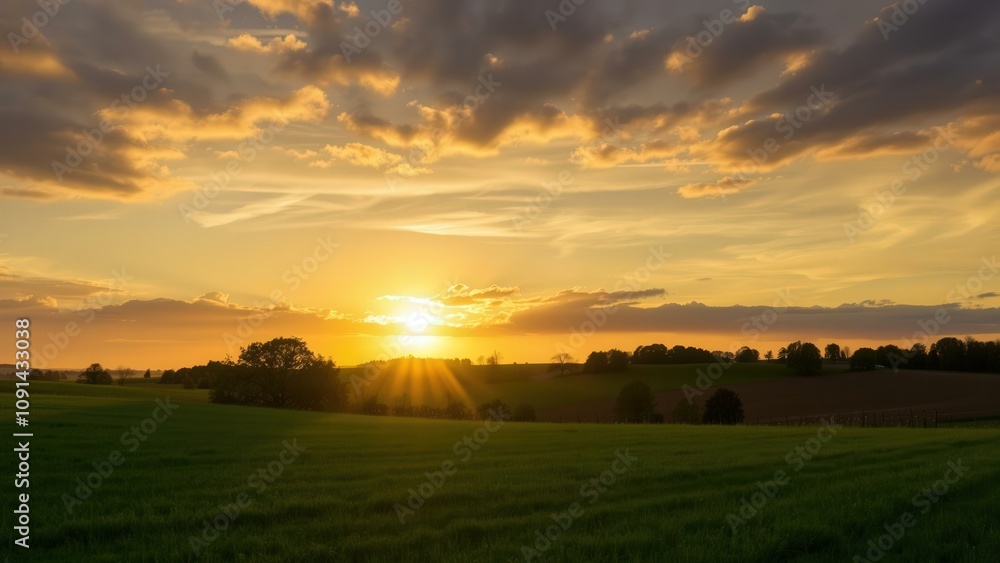 Fototapeta premium Vibrant Sunset Over Golden Fields: Capture Nature's Beauty for Wall Art, Desktop Backgrounds, and Calming Decor