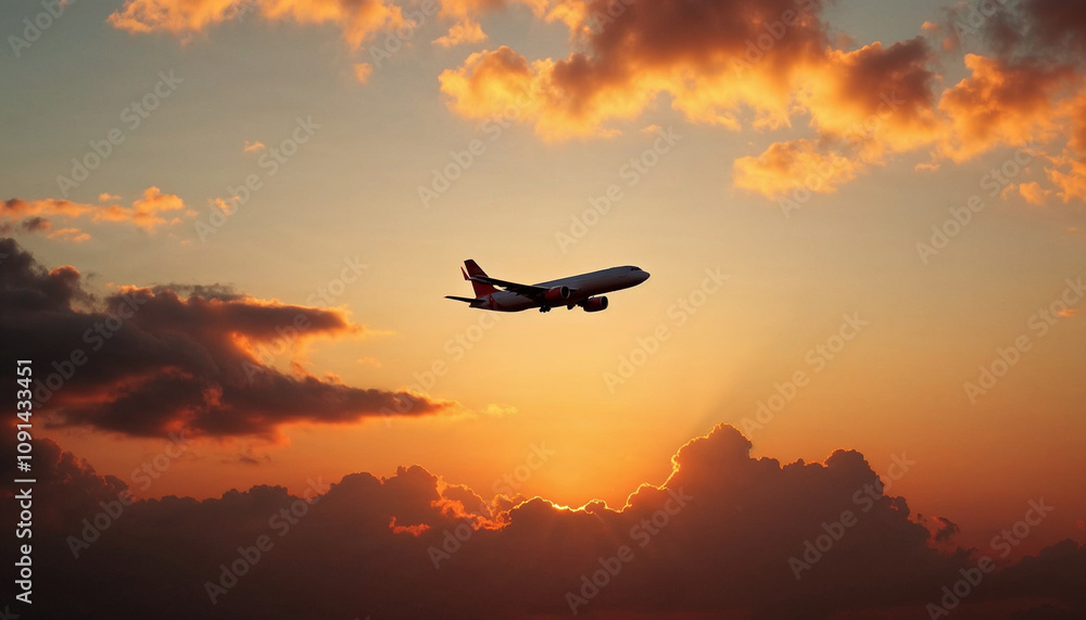 Fototapeta premium Silhouette of an airplane flying against an orange sunset sky.
