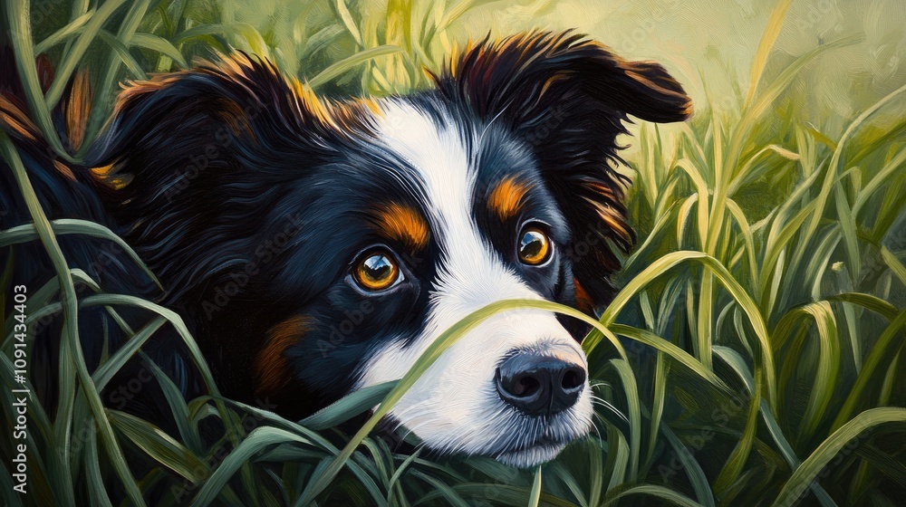 Border Collie Portrait in Lush Grass Captured with Backlighting Highlighting the Dog's Expressive Eyes and Features Border Collie Portrait in Lush Grass Captured with Backlighting Highlighting the Dog's Expressive Eyes and Features