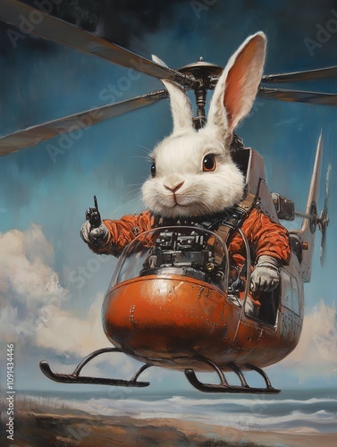 A whimsical rabbit piloting a helicopter, blending humor and imagination in a playful aviation scene. photo