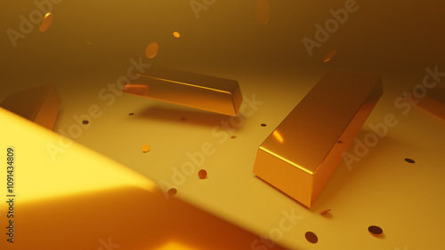 Gold Bars and coins falling on a matte surface into an empty room illuminated by yellow spotlights. Big win, Rich lifestyle, Bank vault, Luxury Concept. 3D Render Illustration