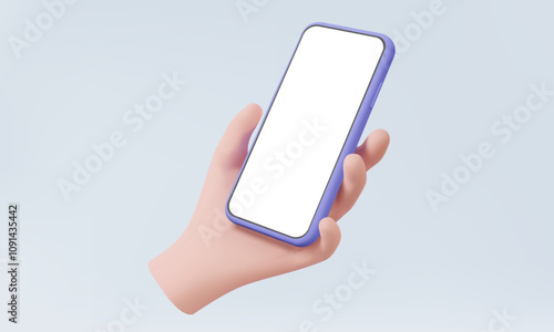 Hand hold smartphone blank white screen on pastel background. online marketing concept. 3d vector icon play entertainments social media via platform mobile phone network internet.