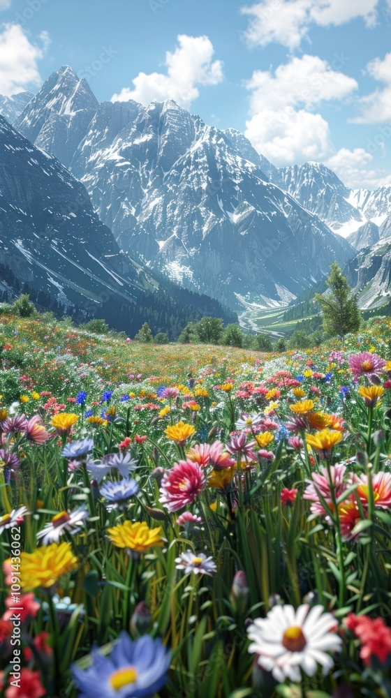 Fototapeta premium Lush alpine meadow with vibrant wildflowers and snow-capped mountains.