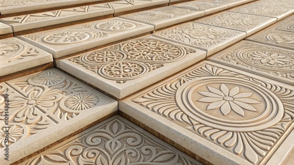 Obraz premium Intricate stone tiles showcasing detailed carvings in a bright setting during daylight