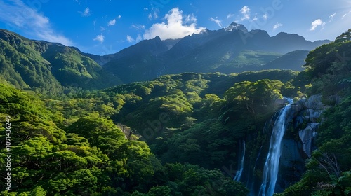 Senpiro waterfall cascading down lush mountainsides amidst dense greenery in Yakushima, Japan, under a clear blue sky photo