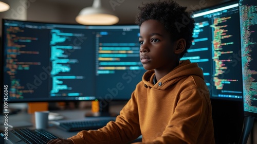 Young Boy Engrossed in Coding with Multiple Monitors Displaying Colorful Code, Symbolizing Future Technology and Digital Learning, Focus and Innovation in Education photo