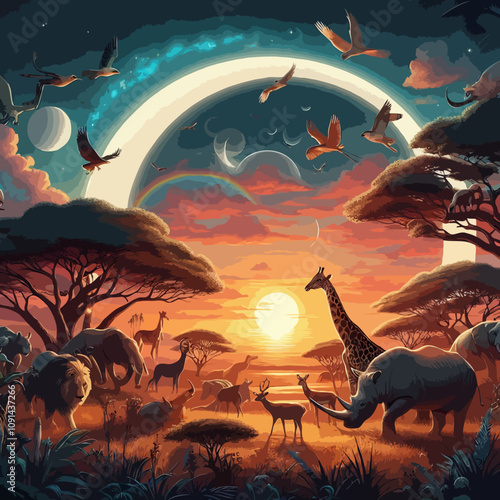intricate digital painting, vibrant sunset landscape, silhouette giraffes, elephants, acacia trees, surreal celestial body in sky, glowing wildlife, dreamlike ambiance, cinematic composition