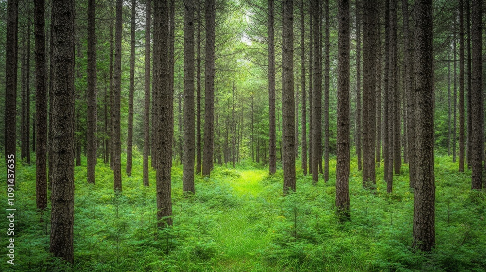 Fototapeta premium Lush Green Forest Path Between Tall Pine Trees