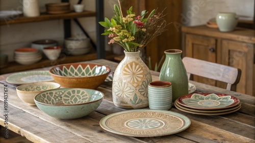 Wallpaper Mural Beautifully arranged handcrafted pottery and fresh flowers on a rustic wooden table in a cozy setting Torontodigital.ca