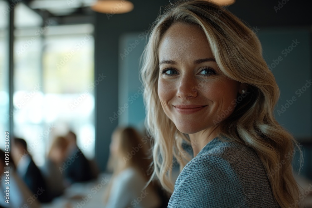 Fototapeta premium A smiling woman with long blonde hair sits in a meeting room, ready for discussion
