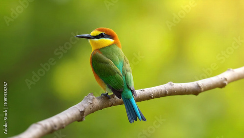 European bee-eater in a horizontal shot, showcasing its plumage, perched on a branch against a bright blurred green background. Perfect for banners, posters, eco campaigns, and wildlife materials. photo