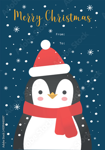 Greeting Christmas card with penguin in red scarf and hat. Vector illustration with cute penguin and snowflakes. Christmas postcard. photo