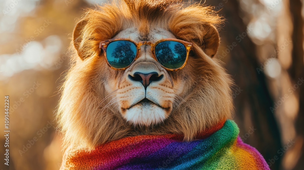 Majestic Lion Sportingly Styled with Sunglasses and a Colorful Rainbow Scarf Radiating Confidence and Charm Majestic Lion Sportingly Styled with Sunglasses and a Colorful Rainbow Scarf Radiating Confidence and Charm