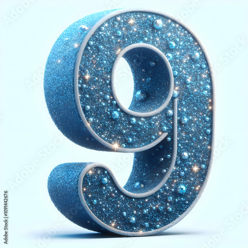 blue 3d number 9 in glitter texture isolated on white background photo