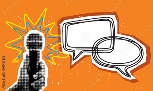Trendy Halftone Collage with hand holding Microphone for Podcast and speech bubble. Broadcast recording. Listen to educational content. Online radio. Audio streaming service. 