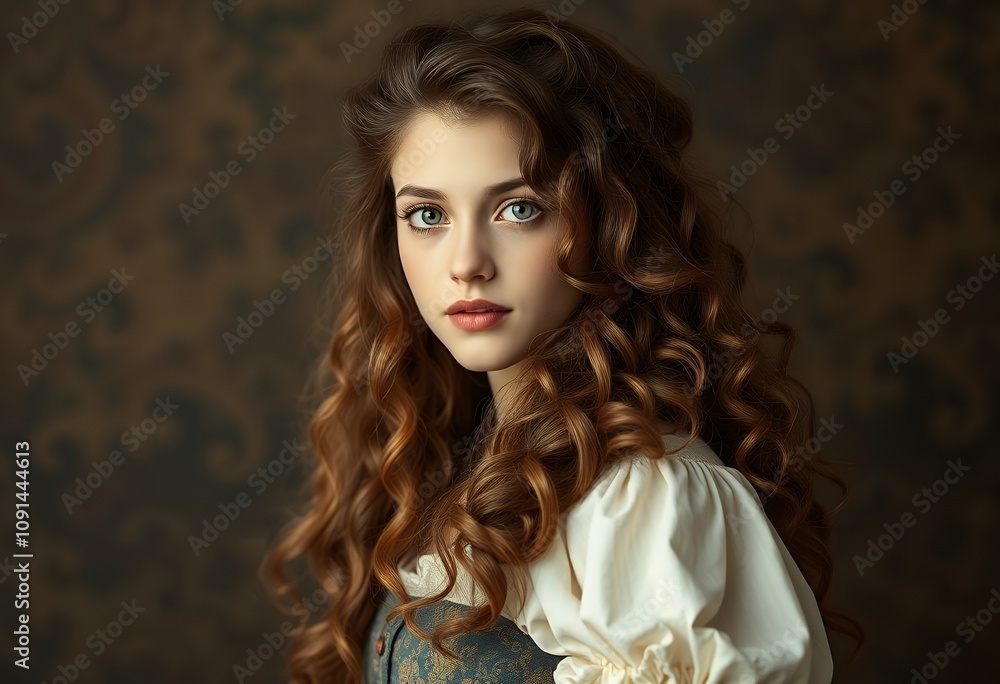 Fototapeta premium Beautiful Woman Portrait Curly Hair Elegant Style Studio Shot