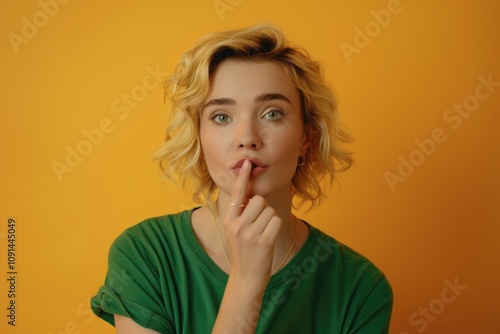 A woman is signaling silence with her finger on her lips photo