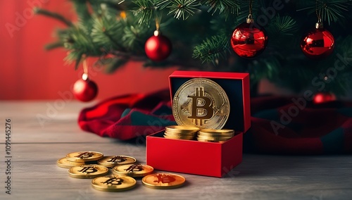 Coins Bitcoin lie in a box under the Christmas tree branch decorated with red balls, financial growth, savings, wealth, cryptocurrency, banner, poster, created with genertaive ai photo